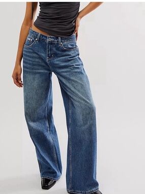 Free People Ragged Wide Leg Flare Jeans in Blue Denim
